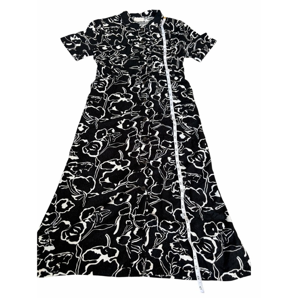 MELLODAY Black & White Floral Abstract Print Midi Shirt Rayon-Linen Blend Dress - Picture 8 of 11